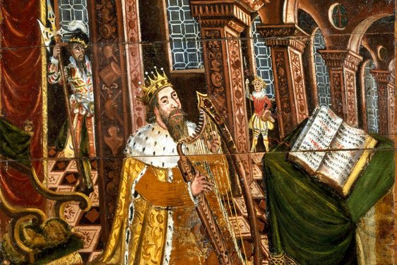 Colourful painted ceiling panel depicting King David playing his harp