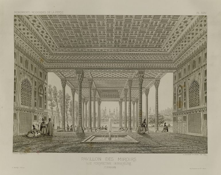 A black and white image of a pavillion, featuring a heavily decorated panelled ceiling. There are columns beyond the pavillion leading outside, and a fountain in the middle. People are milling around in the scene, talking to one another.