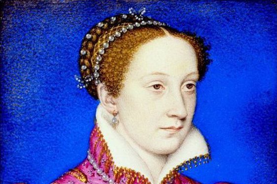 Portrait of Mary, Queen of Scots dressed in a vivid pink doublet lined with gold and pearls, looking stoically ahead against a bright blue background.