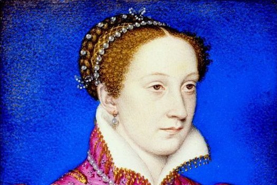 Portrait of Mary, Queen of Scots dressed in a vivid pink doublet lined with gold and pearls, looking stoically ahead against a bright blue background.