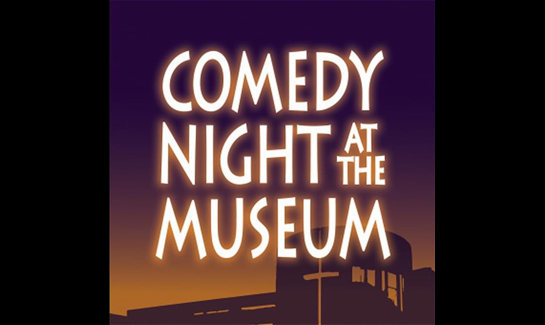 A cartoon illustration of the National Museum of Scotland at night. The text "Comedy night at the museum" overlays the illustration.