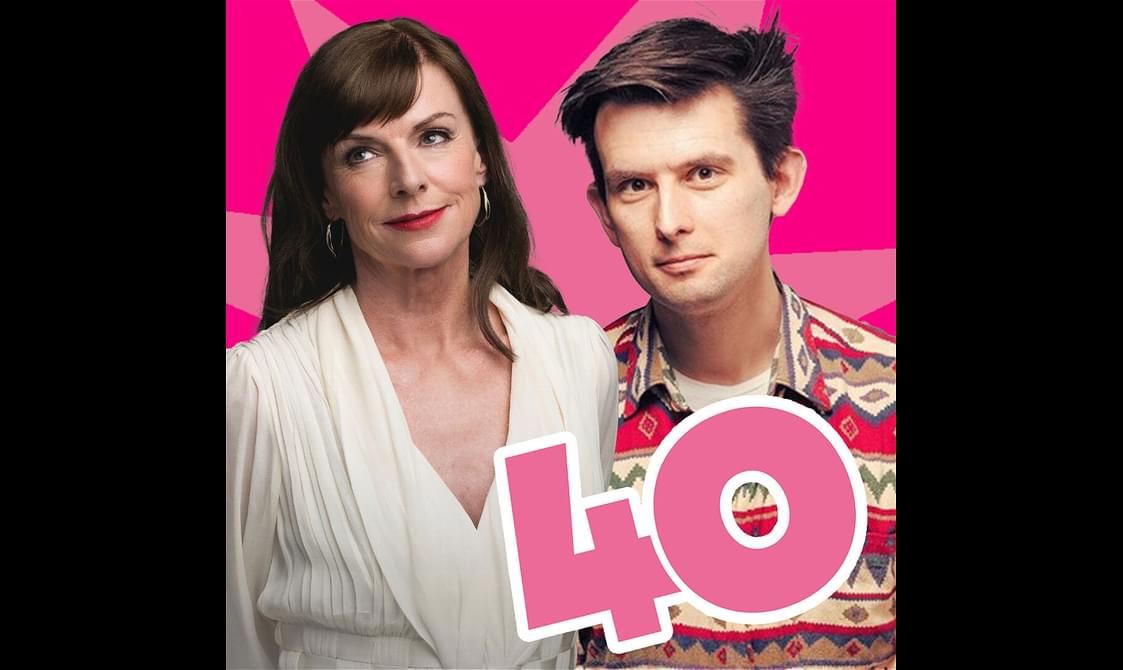 Doon Mackichan and Kieran Hodgson stand in front of a pink background with a pink star. The number 40 is in the foreground.