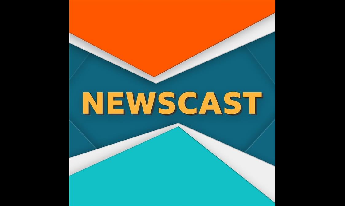 Colourful graphic of blues and oranges. The word 'newscast' is in the middle of the graphic.