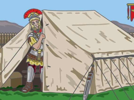 An illustration of a Roman soldier standing in the entrance way to an army tent.